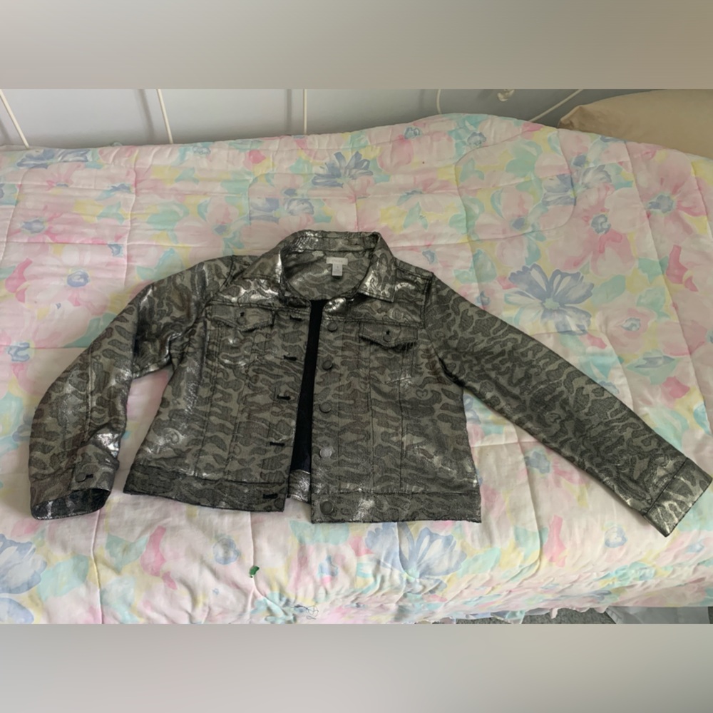Chico’s silver animal print jean-style jacket